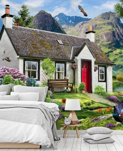 colorful custom cottage wallpaper mural called Lochside Cottage by Howard Robinson for care homes