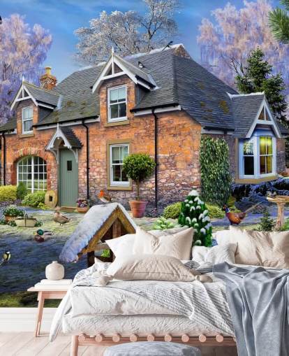 mural colorido de papel de parede de chalé personalizado chamado Snowdrop Cottage de Howard Robinson para casas de repouso