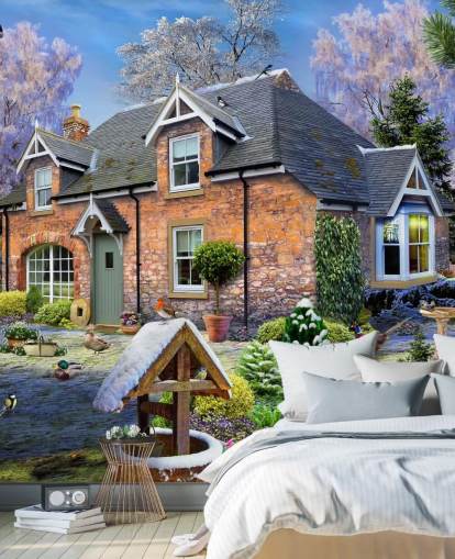 colourful custom cottage wallpaper mural called Snowdrop Cottage by Howard Robinson for care homes