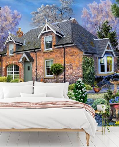 colorful custom cottage wallpaper mural called Snowdrop Cottage by Howard Robinson for care homes