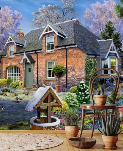 colorido mural de papel pintado personalizado llamado Snowdrop Cottage de Howard Robinson para residencias de ancianos