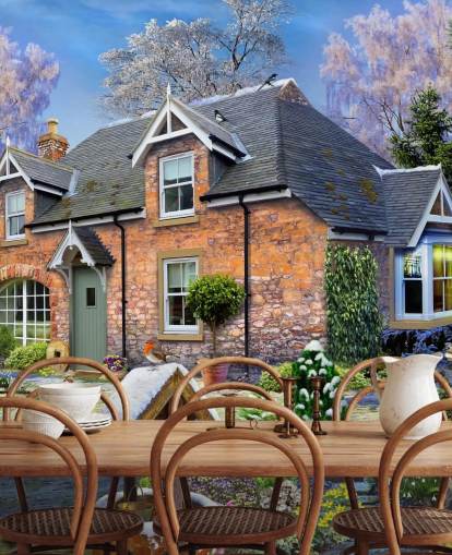 colorful custom cottage wallpaper mural called Snowdrop Cottage by Howard Robinson for care homes