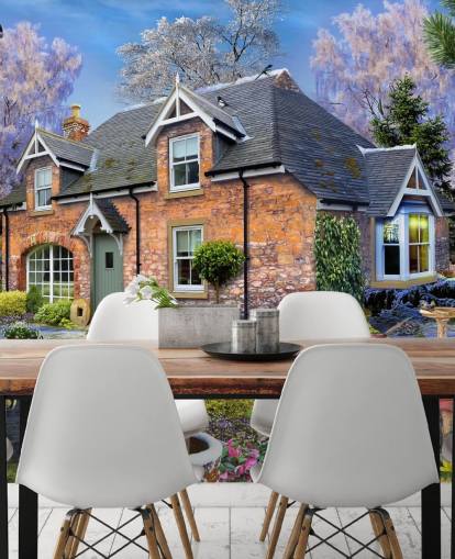 colourful custom cottage wallpaper mural called Snowdrop Cottage by Howard Robinson for care homes