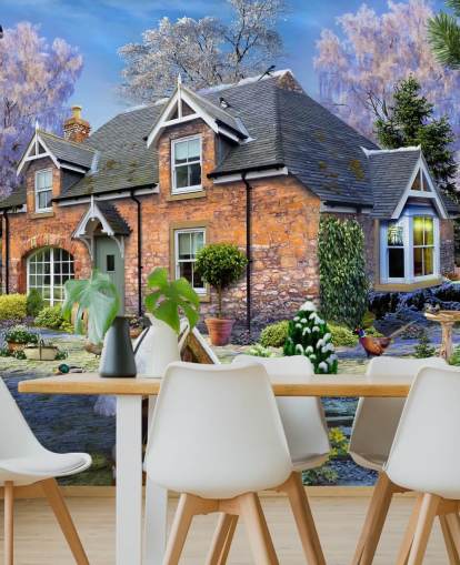 colorful custom cottage wallpaper mural called Snowdrop Cottage by Howard Robinson for care homes