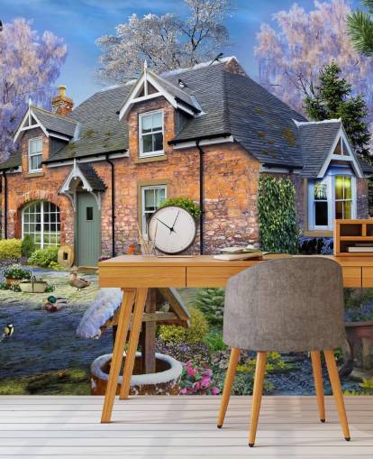 colorido mural de papel pintado personalizado llamado Snowdrop Cottage de Howard Robinson para residencias de ancianos