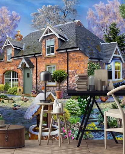 colorful custom cottage wallpaper mural called Snowdrop Cottage by Howard Robinson for care homes