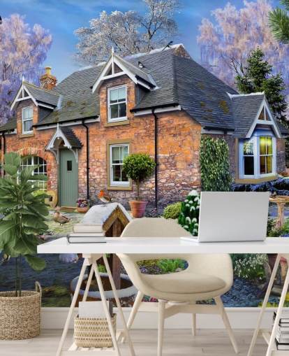 colorful custom cottage wallpaper mural called Snowdrop Cottage by Howard Robinson for care homes