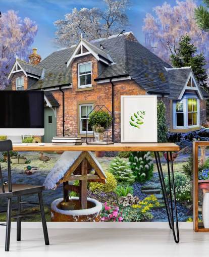 colorful custom cottage wallpaper mural called Snowdrop Cottage by Howard Robinson for care homes