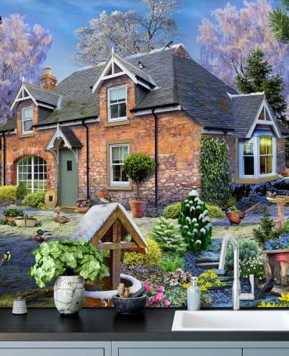 colorido mural de papel pintado personalizado llamado Snowdrop Cottage de Howard Robinson para residencias de ancianos