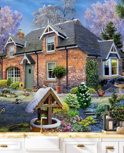 colorido mural de papel pintado personalizado llamado Snowdrop Cottage de Howard Robinson para residencias de ancianos