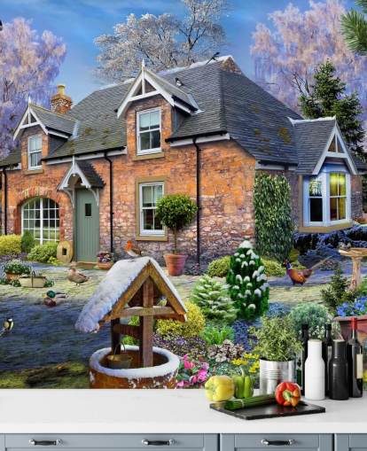 colourful custom cottage wallpaper mural called Snowdrop Cottage by Howard Robinson for care homes