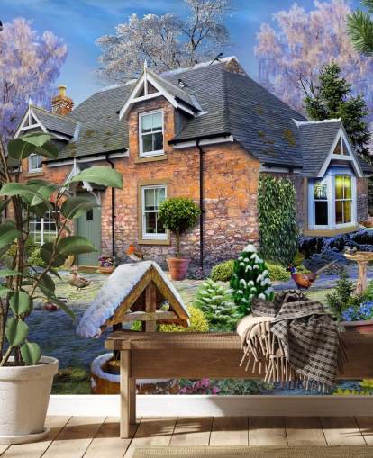 colorido mural de papel pintado personalizado llamado Snowdrop Cottage de Howard Robinson para residencias de ancianos