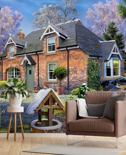 färgglad anpassad stuga tapetväggmålning kallad Snowdrop Cottage av Howard Robinson för vårdhem färgglad anpassad stuga tapetväggmålning kallad Snowdrop Cottage av Howard Robinson för vårdhem