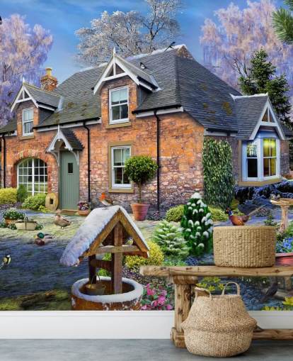 farverigt brugerdefineret sommerhustapet vægmaleri kaldet Snowdrop Cottage af Howard Robinson til plejehjem farverigt brugerdefineret sommerhustapet vægmaleri kaldet Snowdrop Cottage af Howard Robinson til plejehjem