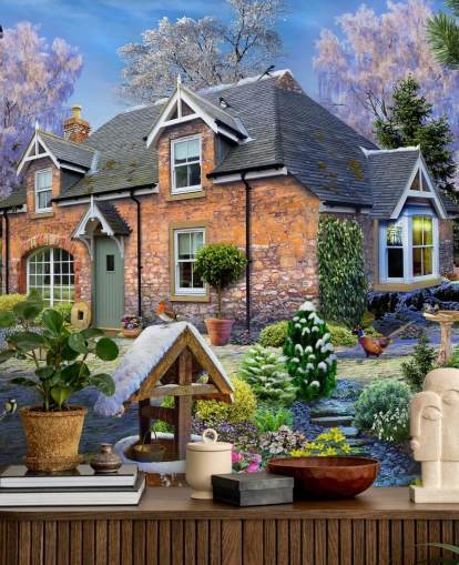 colourful custom cottage wallpaper mural called Snowdrop Cottage by Howard Robinson for care homes