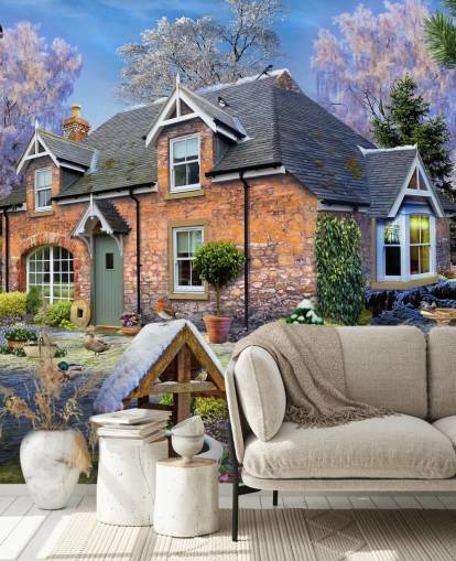 colorful custom cottage wallpaper mural called Snowdrop Cottage by Howard Robinson for care homes