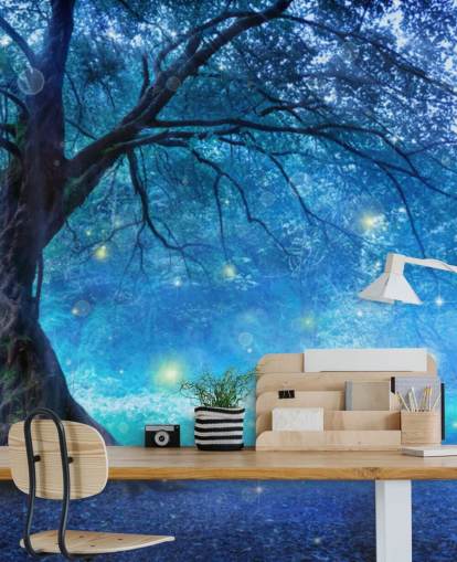 Papel pintado Bosque azul con árboles