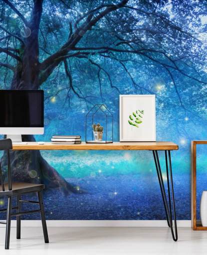 Papel de Parede Floresta Azul com Árvore