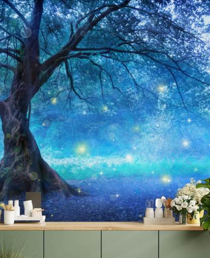 Papel pintado Bosque azul con árboles