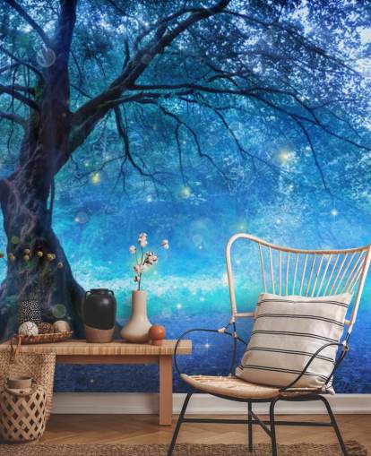 Papel pintado Bosque azul con árboles