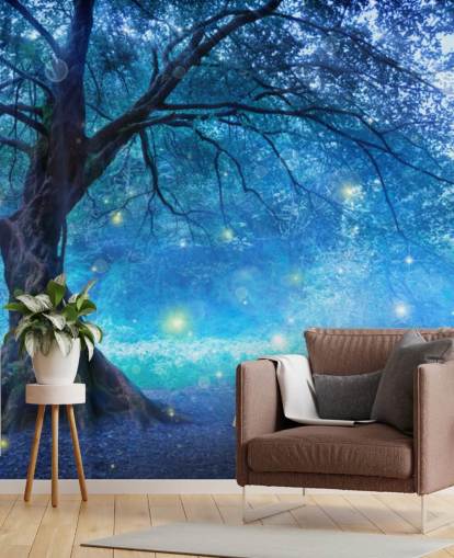 Papel pintado Bosque azul con árboles