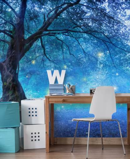 Papel pintado Bosque azul con árboles