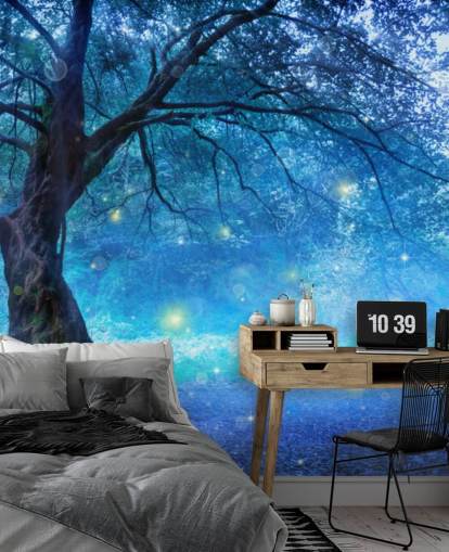 Papel pintado Bosque azul con árboles