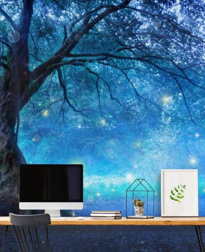 Carta da parati con foresta blu con albero