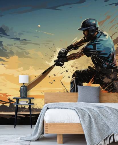 blå og oransje cricket veggmaleri kalt Cricket Batsman for tenårings soverom og spillrom blå og oransje cricket veggmaleri kalt Cricket Batsman for tenårings soverom og spillrom