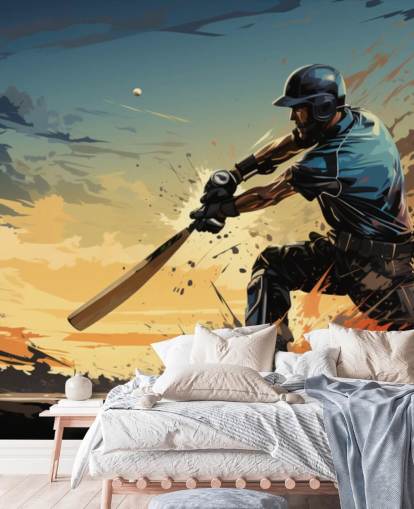 mural de pared de grillos azul y naranja llamado Cricket Batsman para dormitorios de adolescentes y salas de juegos