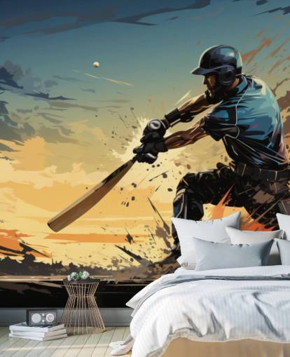 murale con cricket blu e arancione chiamato Cricket Batsman per camere da letto e sale giochi per adolescenti