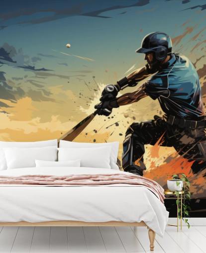 blue and orange cricket wall mural called Cricket Batsman for teen's bedrooms and games rooms