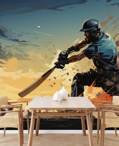 mural de pared de grillos azul y naranja llamado Cricket Batsman para dormitorios de adolescentes y salas de juegos