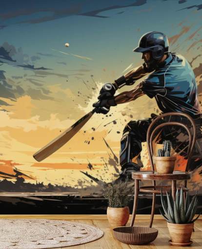 mural de pared de grillos azul y naranja llamado Cricket Batsman para dormitorios de adolescentes y salas de juegos mural de pared de grillos azul y naranja llamado Cricket Batsman para dormitorios de adolescentes y salas de juegos
