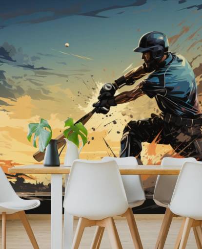 mural de pared de grillos azul y naranja llamado Cricket Batsman para dormitorios de adolescentes y salas de juegos