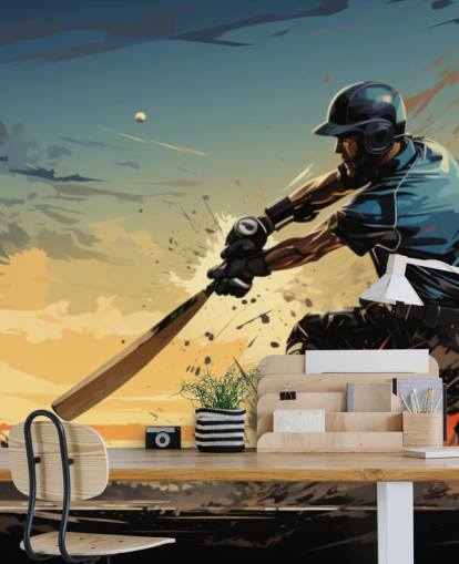 fresque murale de cricket bleue et orange appelée Cricket Batsman pour les chambres d'adolescents et les salles de jeux fresque murale de cricket bleue et orange appelée Cricket Batsman pour les chambres d'adolescents et les salles de jeux