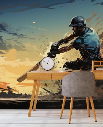 mural de pared de grillos azul y naranja llamado Cricket Batsman para dormitorios de adolescentes y salas de juegos