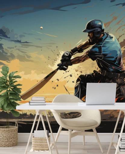blue and orange cricket wall mural called Cricket Batsman for teen's bedrooms and games rooms