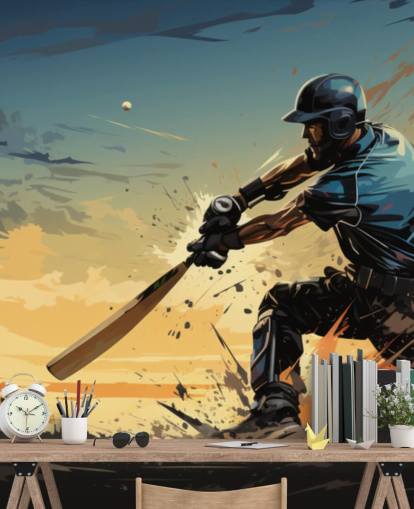 mural de pared de grillos azul y naranja llamado Cricket Batsman para dormitorios de adolescentes y salas de juegos