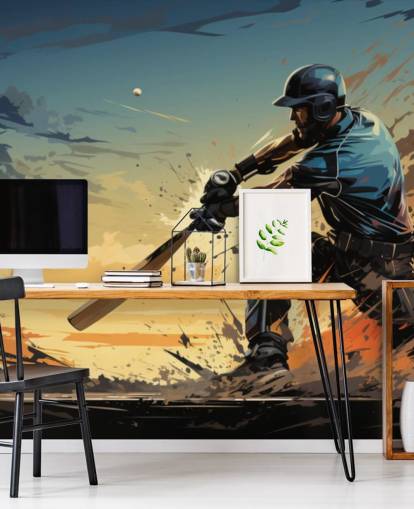 blue and orange cricket wall mural called Cricket Batsman for teen's bedrooms and games rooms