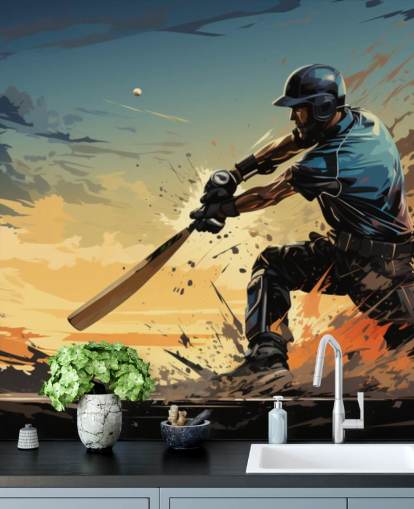 mural de pared de grillos azul y naranja llamado Cricket Batsman para dormitorios de adolescentes y salas de juegos