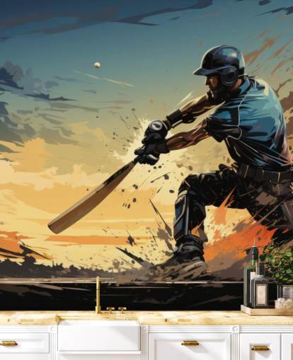 blue and orange cricket wall mural called Cricket Batsman for teen's bedrooms and games rooms blue and orange cricket wall mural called Cricket Batsman for teen's bedrooms and games rooms