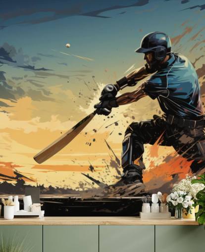 mural de parede de críquete azul e laranja chamado Cricket Batsman para quartos de adolescentes e salas de jogos