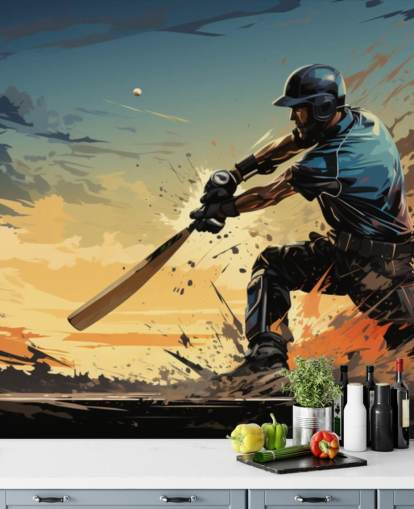 blå og oransje cricket veggmaleri kalt Cricket Batsman for tenårings soverom og spillrom blå og oransje cricket veggmaleri kalt Cricket Batsman for tenårings soverom og spillrom