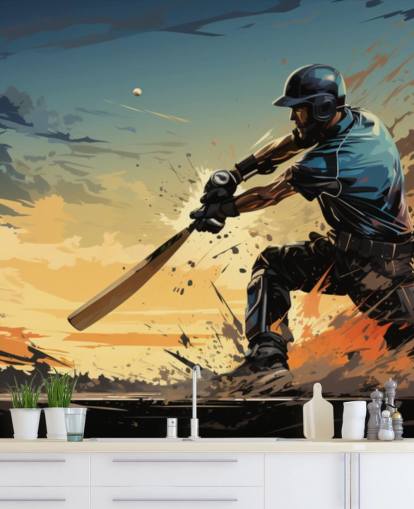 mural de pared de grillos azul y naranja llamado Cricket Batsman para dormitorios de adolescentes y salas de juegos mural de pared de grillos azul y naranja llamado Cricket Batsman para dormitorios de adolescentes y salas de juegos