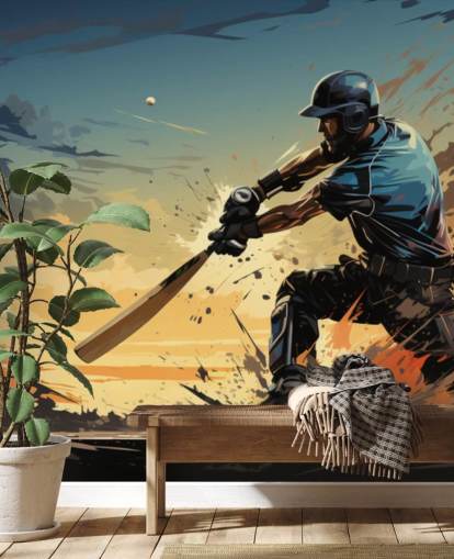 blue and orange cricket wall mural called Cricket Batsman for teen's bedrooms and games rooms blue and orange cricket wall mural called Cricket Batsman for teen's bedrooms and games rooms
