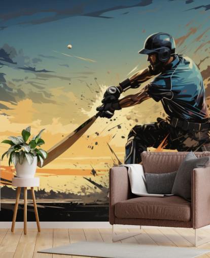 blue and orange cricket wall mural called Cricket Batsman for teen's bedrooms and games rooms
