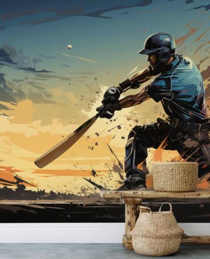 mural de pared de grillos azul y naranja llamado Cricket Batsman para dormitorios de adolescentes y salas de juegos
