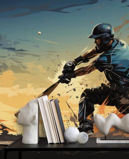 mural de pared de grillos azul y naranja llamado Cricket Batsman para dormitorios de adolescentes y salas de juegos