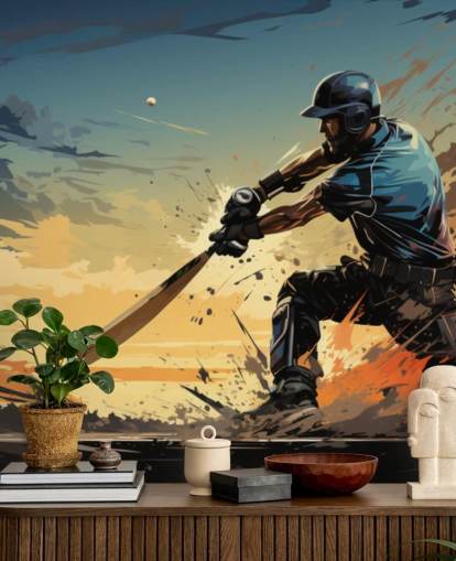 blue and orange cricket wall mural called Cricket Batsman for teen's bedrooms and games rooms blue and orange cricket wall mural called Cricket Batsman for teen's bedrooms and games rooms